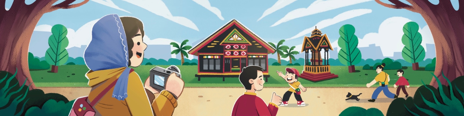 Ilustrasi keluarga berkunjung ke Museum Aceh dan rumah tradisional Aceh